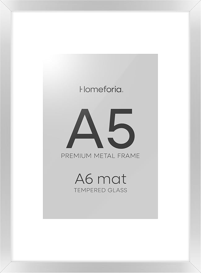 Homeforia A5 Picture Frame Silver, High End Metal 5.8 x 8.3 Frame Matted to 4.1 x 5.8 Art, A5 Frame with Mat A6, 5.8x8.3 Poster Frames, 8.3x5.8 Size Display Frames, Tempered Glass, Wall Kit, Set of 1