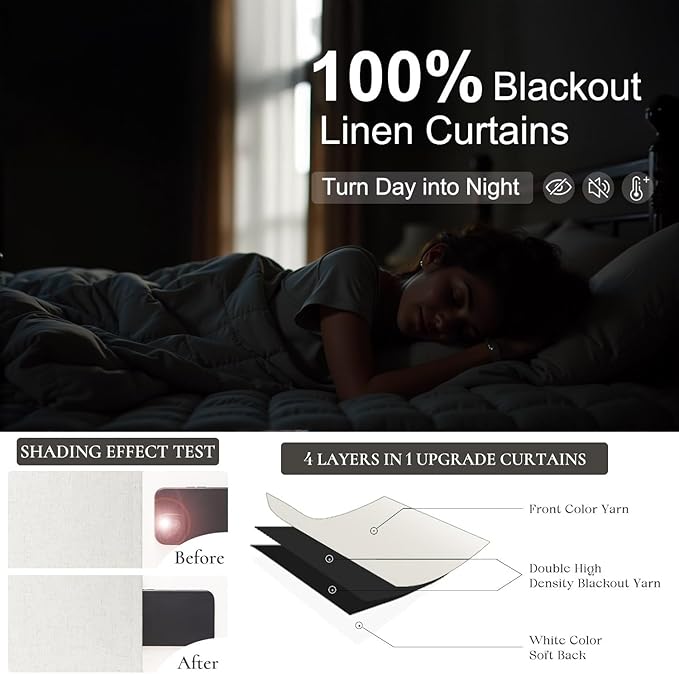 Natural Linen Blackout Curtains 84 Inch Length 2 Panels for Bedroom Living Room Darkening 100% Black Out Ivory Cream Curtain with White Back Tab Modern Farmhouse Thermal Insulated Boho Drapes 7ft Long
