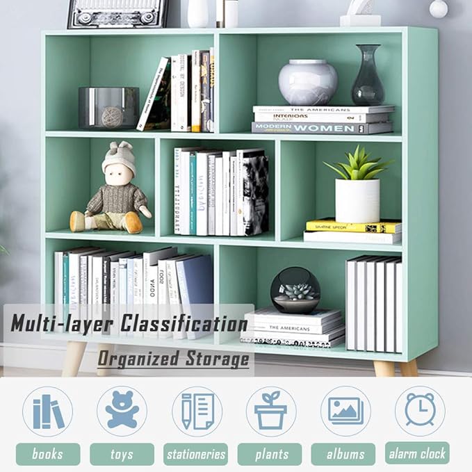 IOTXY Wooden Open Shelf Bookcase - 3-Tier Floor Standing Display Cabinet Rack with Legs, 7 Cubes Bookshelf, Tiffany-Green