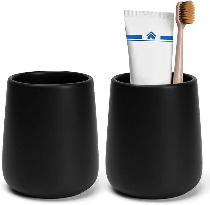 Bathroom Tumbler Cup Ceramic 2Pcs 13.5oz Reusable Toothbrush Cup 400ml, Toothbrush Holder Adequate for Your Bathroom (Black Brown)