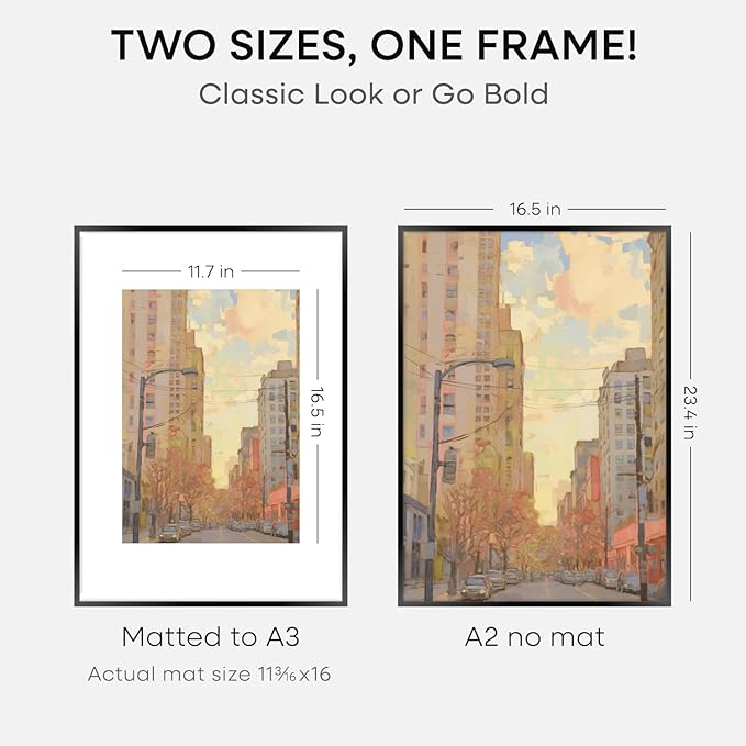 Homeforia A2 Picture Frame Black, High End Metal 16.5 x 23.5 inch Poster Frames with Mat 11.7 x 16.5 for Photo, A2 Size Frames Matted to A3 Print, 16.5 by 23.4 Hanging Frames, Tempered Glass, Set of 1
