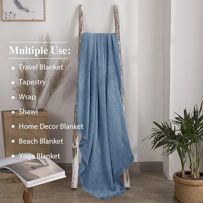 Simple&Opulence 100% Cotton Throw Blanket for Bed, Couch, Boho Luxury Geometric Knit Woven Blanket with Tassels Soft Lightweight Cozy Breathable, Vintage Farmhouse Decoration for All-Season(Blue)