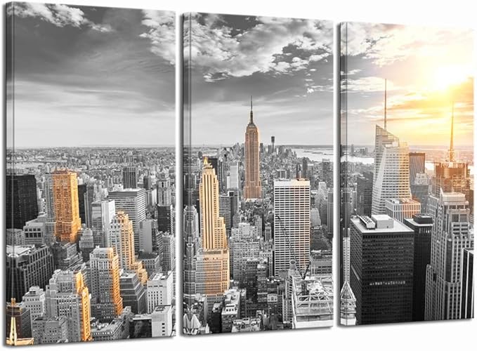 LevvArts Large 3 Piece New York City Canvas Wall Art Modern Black and White NYC at Gold Sunset Picture Prints Cityscape Skyline Poster Framed for Home Office Living Room Decor