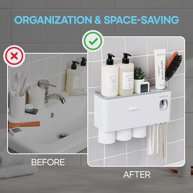 HubiCare Toothbrush Holder with Toothpaste Dispenser Wall Mounted for Bathroom, Automatic Toothpaste Squeezer, Bathroom Organization and Storage, 5 Toothbrush Slots (3 Cups)