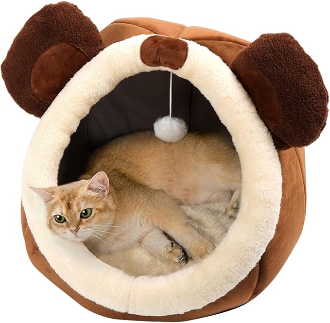 Cat Beds for Indoor Cats - Cat Bed Cave with Removable Washable Cushioned Pillow, Soft Plush Premium Cotton No Deformation Pet Bed, Roomy Bear Cat House Design, Multiple Sizes-L