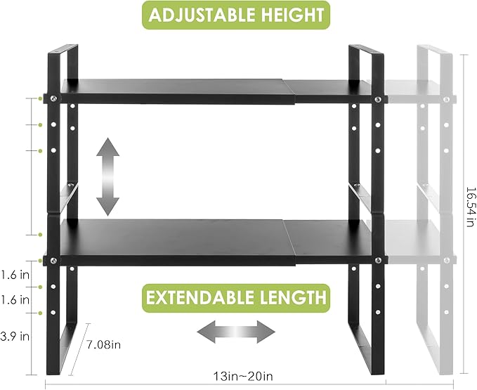 Expandable Cabinet Shelf Organizer Rack, Stackable Kitchen Counter Storage Shelves Stand, Adjustable Height Pantry Shelf Spice Rack (Black, 2 Pack)