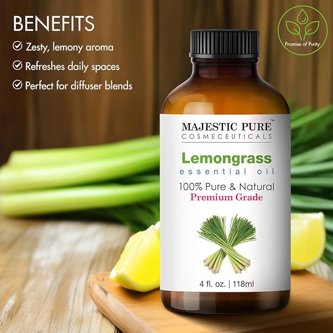 Majestic Pure Lemongrass Essential Oil with Glass Dropper - Huge 4 Fl Oz - 100% Pure and Natural Lemongrass Oil - Premium Grade Essential Oils for Diffuser, Aromatherapy, Soap and Candle Making