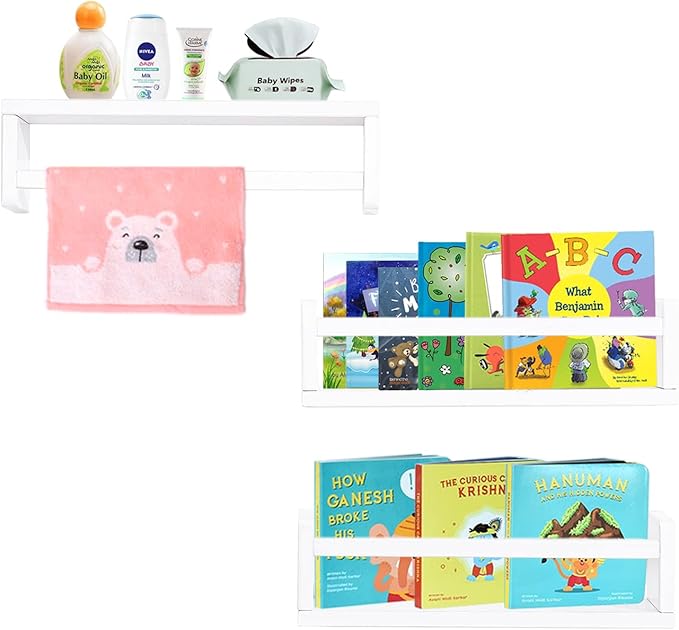 AZSKY Floating Bookshelf for Kids Room White Nursery Shelves Picture Ledge Wall Shelves for Bathroom Decor Kitchen Spice Rack Book Shelf Photo Organizer for Baby Nursery Décor 16 Inch Set of 3