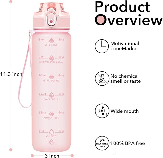 32oz Motivational Water Bottles with Time Marker & Fruit Strainer, Transparent Gradient Color Water Bottle with Times to Drink, Leakproof & BPA Free, Reusable Bottle with Strap (No Straw)
