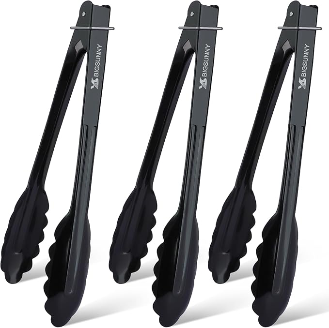 MSY BIGSUNNY 9 Inch Kitchen Food Tongs, Buffet Tongs, Serving Tongs, Black Aluminum Tongs - Set of 3