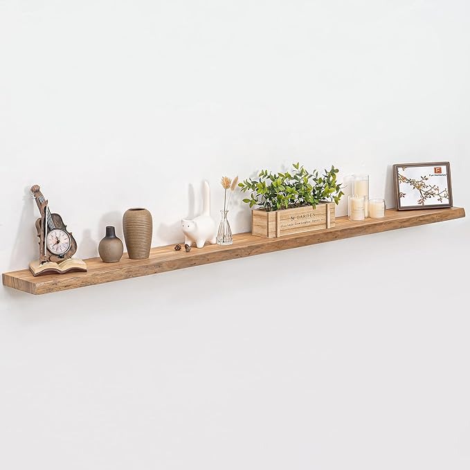 Floating Shelves for Wall, 72" Live Edge Solid Elm Wood Floating Shelf, Wall-Mounted Display Shelves with Invisible Heavy-Duty Metal Bracket, Floating Shelf for Living Room Kitchen, Natural