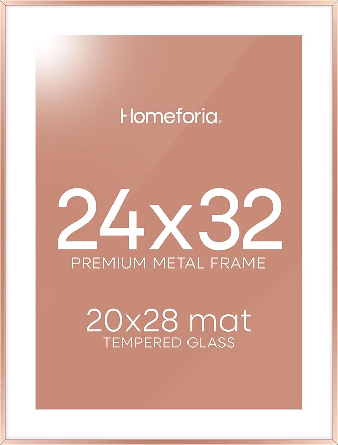 Homeforia 24x32 Rose Gold Picture Frame, High End Metal 24x32 Poster Frames with Mat 20x28 inch Photo, 24 x 32 Thin Frame Matted to 20 x 28 Print, 32x24 Large Frame, Tempered Glass, Wall Kit, Set of 1