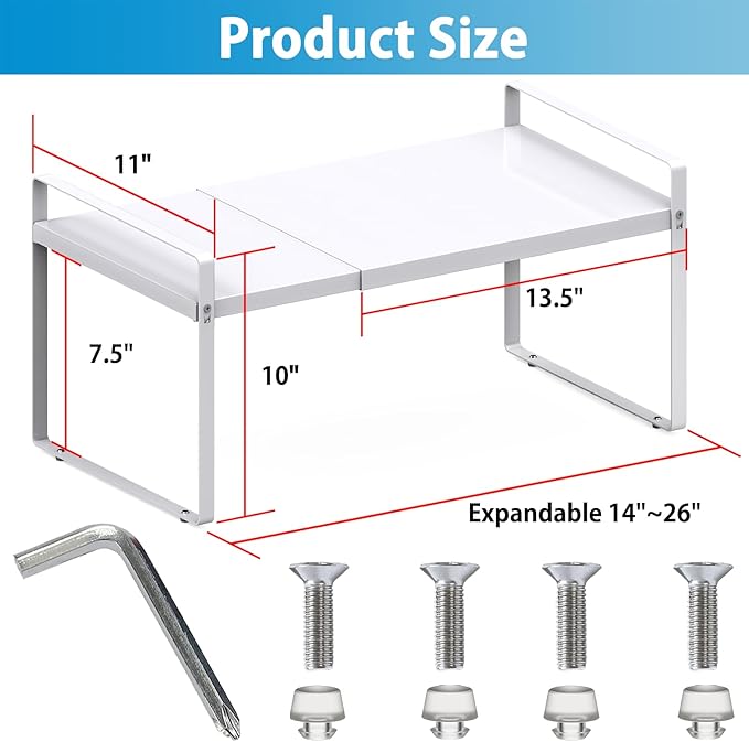 11'' Wide Expandable Cabinet Shelf Organizer Rack Adjustable Length 14''-26'' Pantry Shelf Spice Rack Heavy Duty Nonslip Kitchen Counter Storage Shelves Pantry Cupboard Under Sink Countertop White