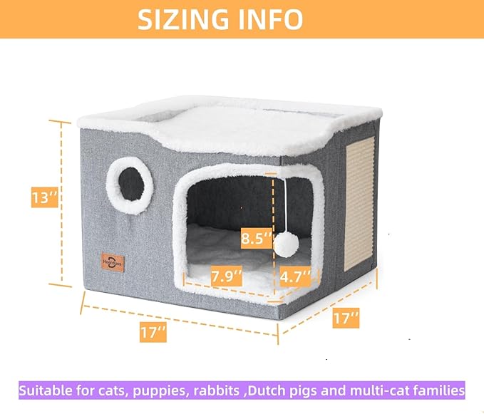 Cat Bed for Indoor Cats,Covered Cat Cave House & Furniture with Scratch Pad,Foldable Cat Hideaway Hut Cute Cat Condo with Soft Washable Mat for Multi Small Pet Under 30 lbs,Light Grey