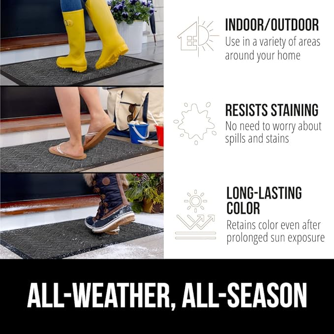 GORILLA GRIP 100% Waterproof All-Season WeatherMax Doormat, 34x58, US Designed Natural Rubber, Stain and Fade Resistant, Low Profile Indoor Outdoor Door Mats, Easy Clean Patio Mat, Steel Chevron