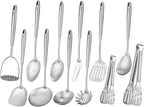 18/10 Stainless Steel Kitchen Utensils Set - 12 PCS All Metal Cooking Tools & 15″ Serving Utensils - Potato Masher, Meat Fork, Tongs, Turner, Pasta, Serving Spoon, Skimmer, Ladle, Spatula Spoon Set