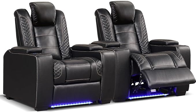 ANJ Power Home Theater Seating Set of 2, PU Leather Electric Recliner Chair with Powered Headrest, Dual Motors Movie Reclining Chairs with LED Lights,USB Port, Cup Holders, Hidden Arm Storage (Black)