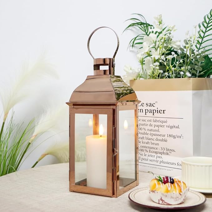JHY DESIGN Decorative Candle Lanterns 15" High Stainless Steel Candle Lanterns with Tempered Glass for Indoor Outdoor Events Parities and Weddings Vintage Style Hanging Lamps(Rose Gold)