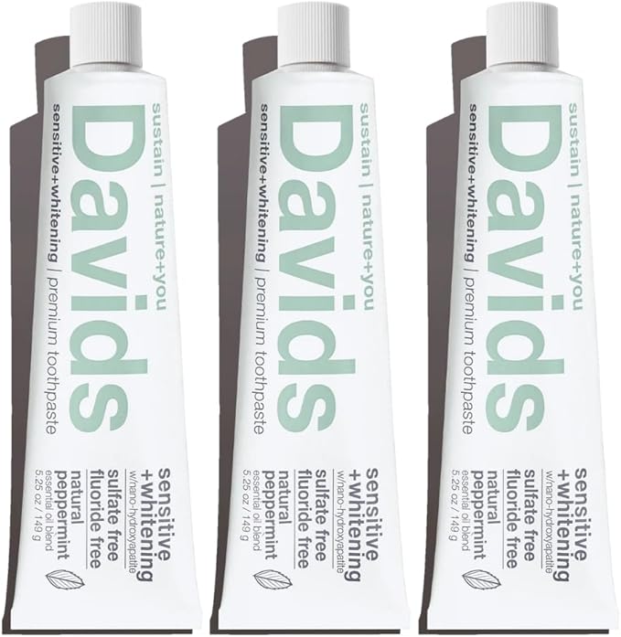 Davids Hydroxi™ Fluoride Free Nano Hydroxyapatite Toothpaste for Remineralizing Enamel & Sensitive Relief, Whitening, Antiplaque, SLS Free, Natural Peppermint, 5.25oz, Made in USA (3 Pack)