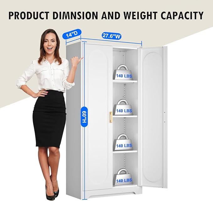 60" Tall Kitchen Pantry Cabinet, Metal Pantry Cabinet with Doors and Adjustable Shelves, White Utility Storage Cabinet with Handles for Dining Room, Bathroom, Laundry Room - Assemble Required