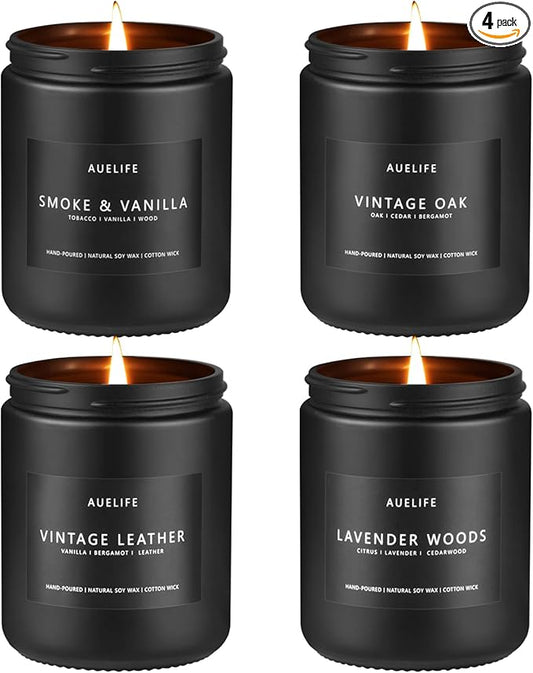 Scented Candles Set | Men Candle Set, Scented Candles for Home, Gifts for Men Aromatherapy Gift Set - 4 Pack Manly Gifts for Dad Fathers Day, Soy Candle of Leather/Smoke & Vanilla/Oak/Lavender