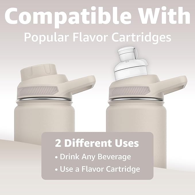 Chill Oasis Water Bottle | Compatible With Popular Flavor Cartridges | BPA Free, Leak Proof, Double-Walled Vacuum Insulated Stainless Steel, and Dishwasher Safe | Cold for 24 Hours (Beige, 22oz)