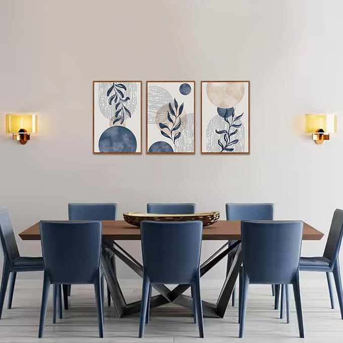 KAIRNE Boho Plant Wall Art Set of 3,Blue Bohemain Framed Canvas,Abstract Geometric Line Wall Painting,Modern Nature Prints,Botanical and Moon Wall Art for Living Room Bedroom Office - 3Pieces,16”X24”