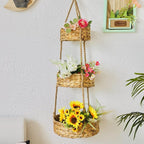 KINGWILLOW 3 Tier Hanging Fruit Basket, Handmade Natural Water Hyacinth Wall Vegetable Storage Baskets, Space Saver for Kitchen Organizing Plant Holder