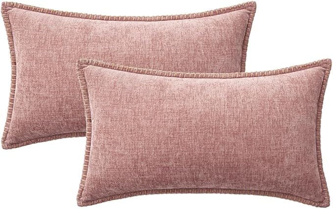 MIULEE Pack of 2 Couch Throw Pillow Covers 12x20 Inch Blush Pink Farmhouse Decorative Pillow Covers with Stitched Edge Soft Chenille Solid Dyed Spring Pillow Covers for Sofa Bed Living Room
