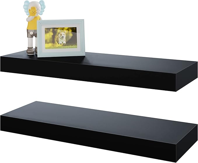 BAMEOS Floating Shelves, Black Wall Mounted Wooden Shelves with Invisible Brackets Set of 2, Hanging Wall Shelves Decoration for Bedroom, Bathroom, Living Room and Kitchen