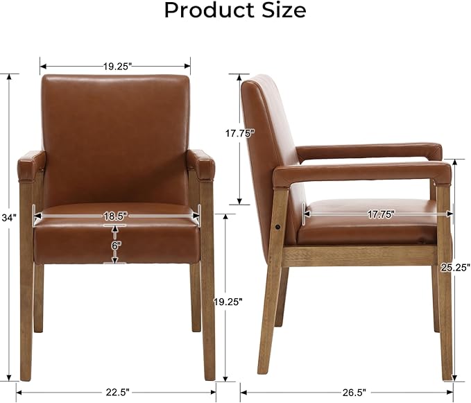 Mid Century Modern Dining Chairs Set of 2 Faux Leather Upholstered Living Room Side Chair, Kitchen Arm Chair with Solid Wood Legs for Home Kitchen & Restaurant, PU Brown