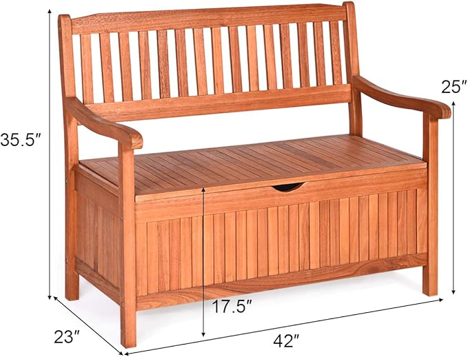 Tangkula Outdoor Wood Storage Bench Deck Box, Entryway Porch Storage Bench with Inner Removable Dust-Proof Lining & Portable Handles, Eucalyptus Wood Loveseat for Garden, Lawn, Balcony & Yard
