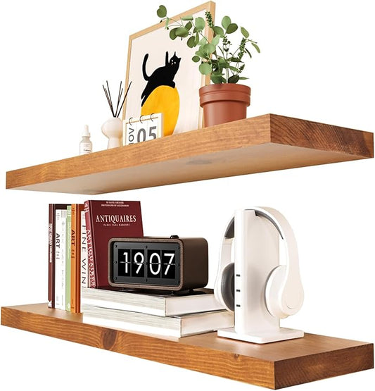 Habudda Floating Shelves, Wall Shelf for Bathroom Bedroom Kitchen, Natural Pine Real Wooden Shelves, Wall Mounted, 100% Pine, Set of 2, 30 Inches Long, Honey Oak