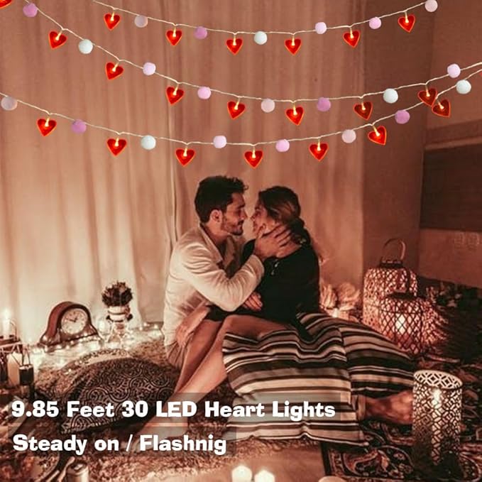 Red Heart String Lights 9.85 Ft Valentines Light with 20 LEDs 20 Pink Pom Poms Garland Lights Battery Operated with Timer Valentines Decorations for Wedding Party Valentine Decor