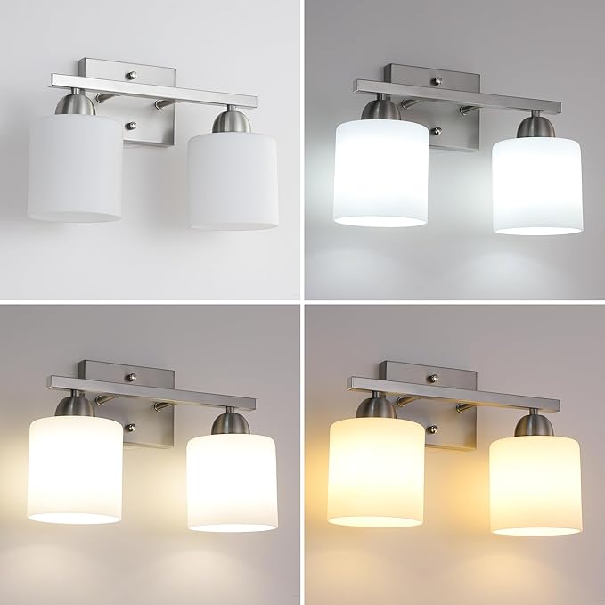 Stainless Steel Milk Glass Vanity Lights for Bathroom, 2 Light Brushed Nickel Bathroom Light Fixtures Over Mirror, Ceramic E26 Sockets Wall Mounted