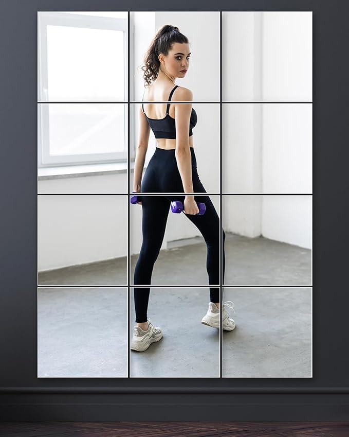 Home Gym Mirrors 12 Inch x 12Pcs Full Length Mirror Tiles Acrylic Unbreakable Wall Mounted Mirror Frameless Full Length for Home Gym, Bedroom, Door