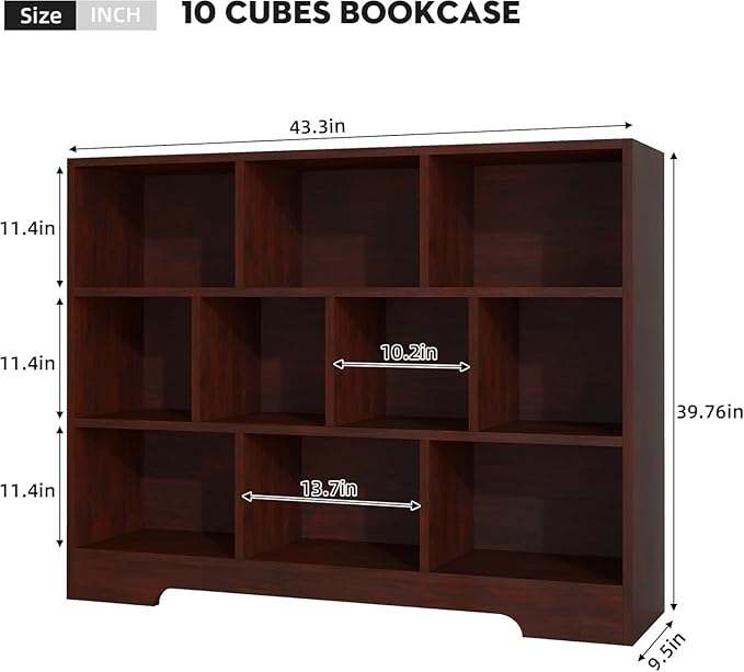 Book Shelf Set of 2, 10 Cubes Storage Organizer, 3-Tier Open Bookshelf Wooden Bookcase, Freestanding Cherry Bookshelf Cube Shelf for Living Room