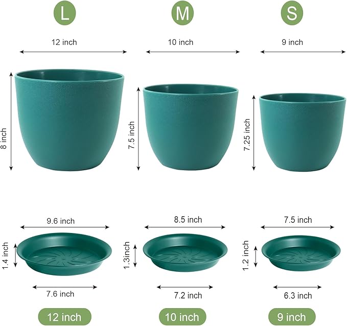Large Flower Pots 12/10/9 inch, Set of 3 Modern Decorative Plastic Planters with Drainage Holes and Saucers for House Plants, Plant Pots for Indoor Outdoor Plants, Blue Green