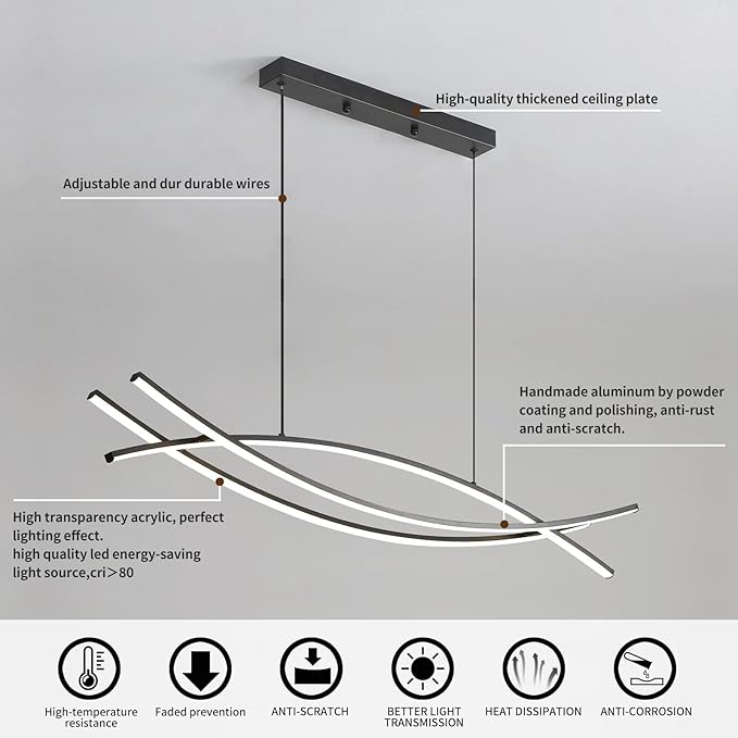 Modern Chandelier, Linear Pendant Light LED Dimmable Hanging Light Fixture, 3000K-6500K with Remote Control (Black, 47IN)