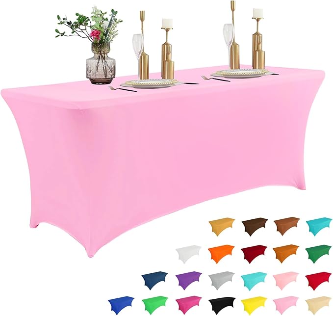 IVAPUPU 8FT Table Cloth for Rectangular Fitted Events Stretch Pink Table Covers Washable Cover Spandex Tablecloth Protector for Party, Wedding, Cocktail, Banquet, Festival