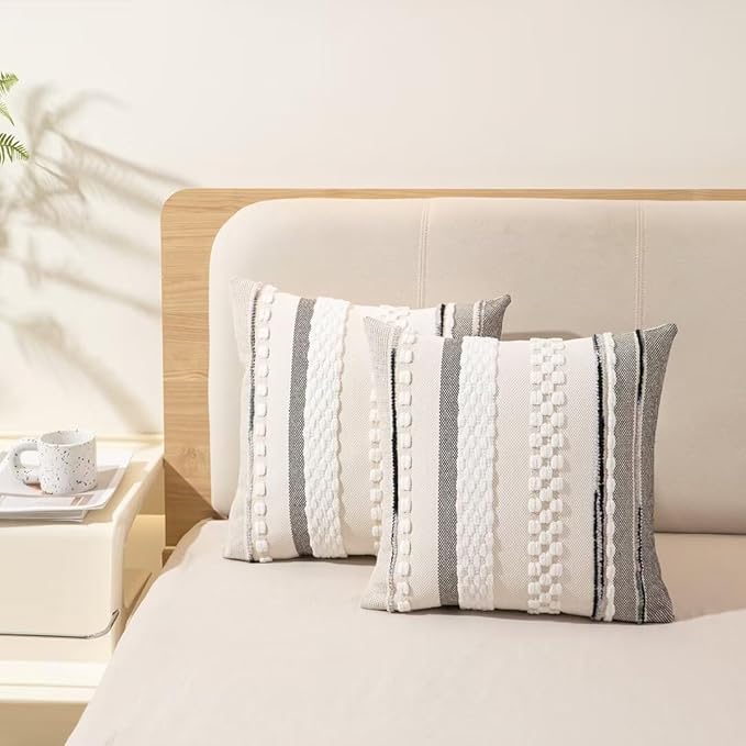 Boho Throw Pillow Covers 18x18 Set of 2 Farmhouse Decorative Cushion Case Striped Square Pillows Cover Chenille Pillow Cases Accent Neutral Pillowcase for Sofa Couch Bed,White