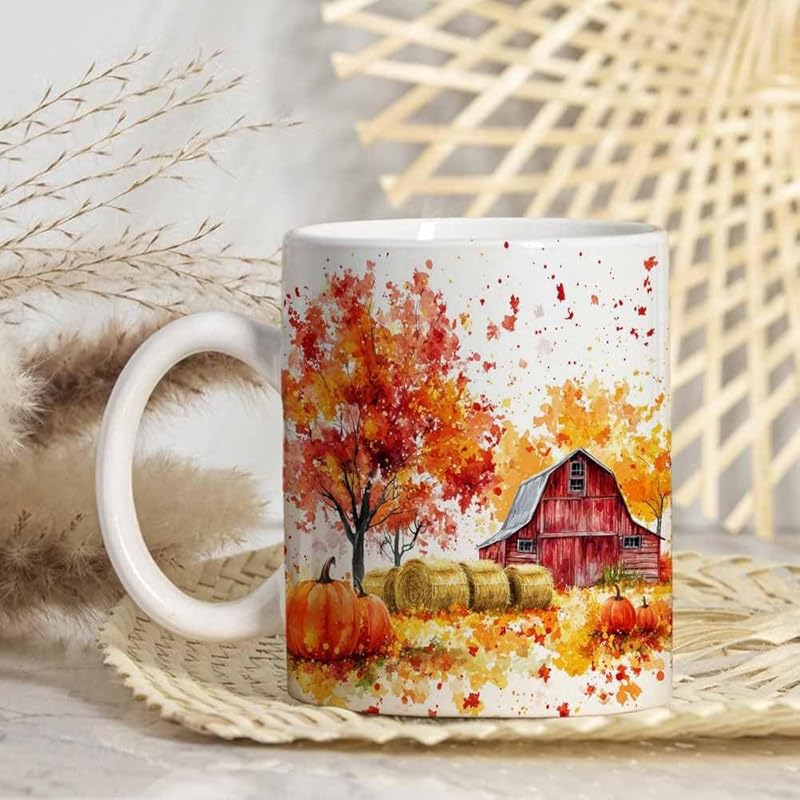 Fall Farm Coffee Mug - Farm Lover Mugs Gifts for Women Men - Autumn Decor Gifts For Home Farmhouse Thanksgiving - 11oz Printed Ceramic Mug (White)