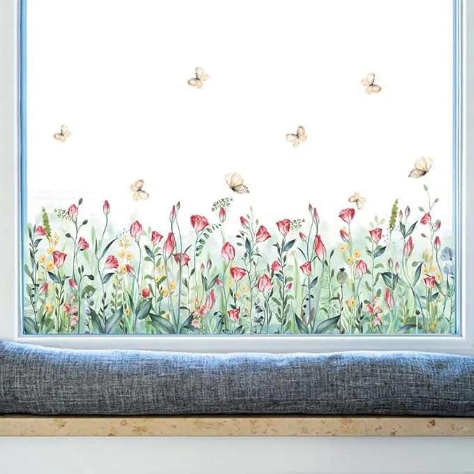 Set of 28x20 Inch Size Hello Spring Summer Window Cling Sticker Tulip, Flower and Butterfly Window Stickers, Spring and Summer Decor, Home, Shop, Party Window Glass Display Stickers (Floral)