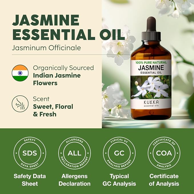 Kukka Jasmine Essential Oil for Diffuser - 4 Fl Oz - 100% Pure Natural Jasmine Oil for Skin, Hair & Soap Making Scents - A Great Relaxing Floral Addition for Hair Care & Perfume