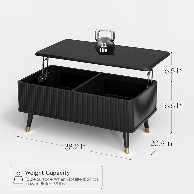 Lift Top Coffee Table with Storage Shelf & Hidden Compartment, Mid Century Modern Fluted Rectangle Dining Table for Living Room, Home Office,Black