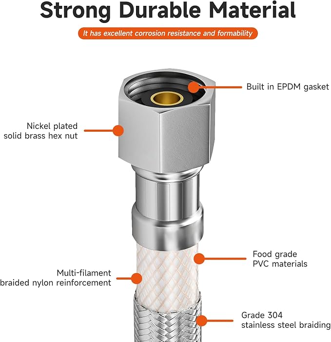 Roastove Universal Dishwasher Installation Kit,6 Ft Stainless Steel Dishwasher Hose,Burst Proof Water Supply Line with 3/8" Compression Connections,With a 6 feet drain hose and a clamp, one set
