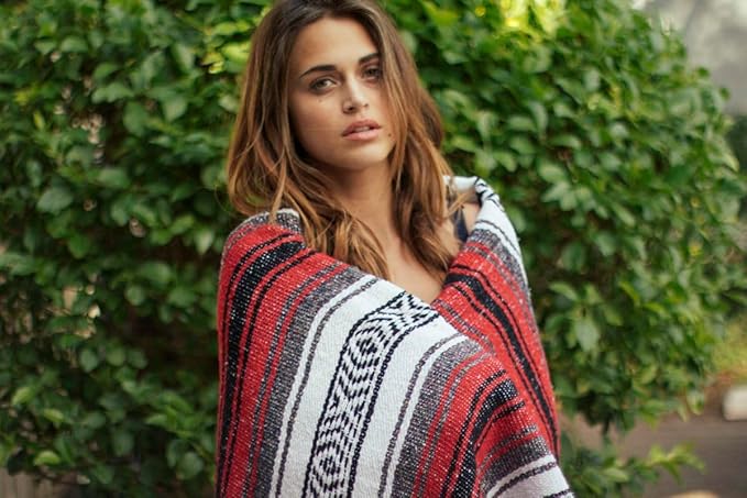 Del Mex Classic Mexican Blanket, Large Authentic Woven Falsa Throw (70"x50"), Artisan Southwest Décor for Beach, Yoga, Outdoors (Red)