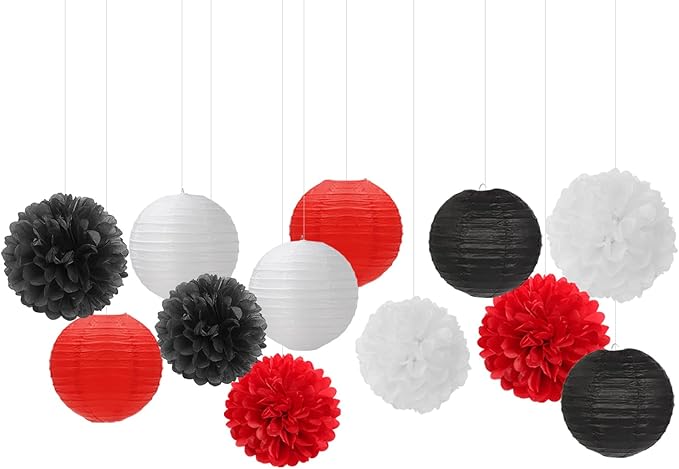 Red-Black White Party-Decorations Paper Flowers Lanterns - 15PCS Halloween Birthday Tissue Pom Poms Streamers,Wedding Baby Bridal Shower Hanging Supplies Decor Hugfond