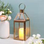 JHY Design Rose Gold Decorative Lanterns 16 inch High Stainless Steel Candle Lanterns with Tempered Glass for Indoor Outdoor Events Parities and Weddings