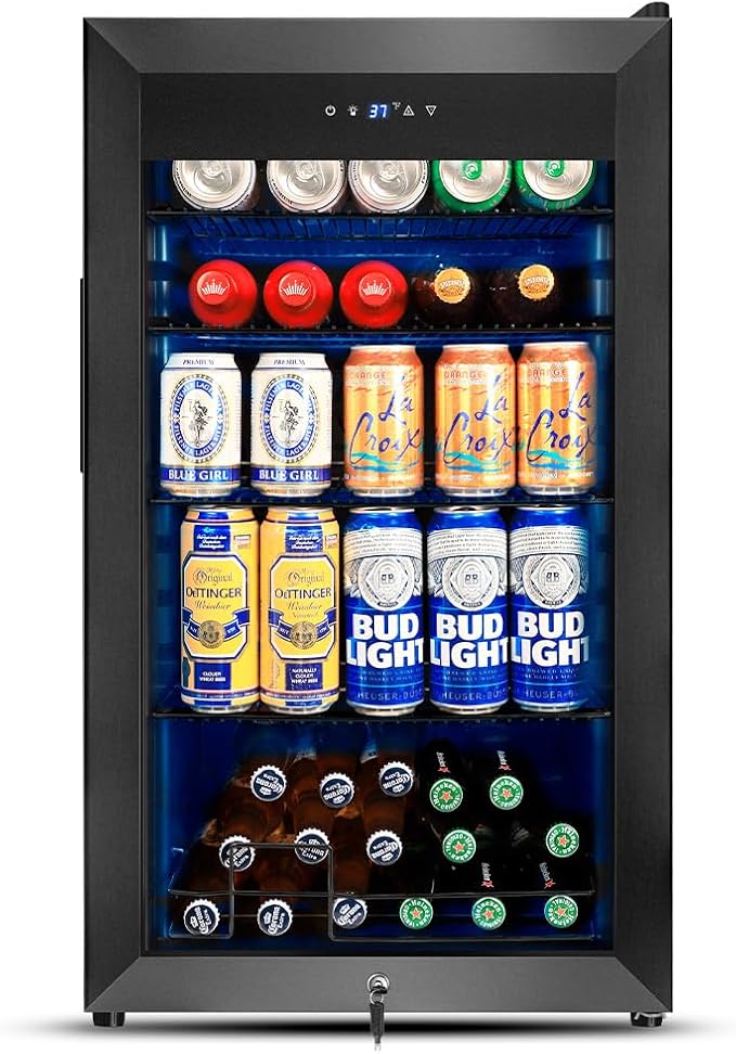 Tylza 130 Can Beverage Refrigerator Cooler, 3.22 Cu.Ft Beverage Cooler with Low-E Glass Door, Safety Lock, Beverage Fridge for Soda, Beer, Wine, Mini Fridge for Home, Office, Bar, Bedroom, Black